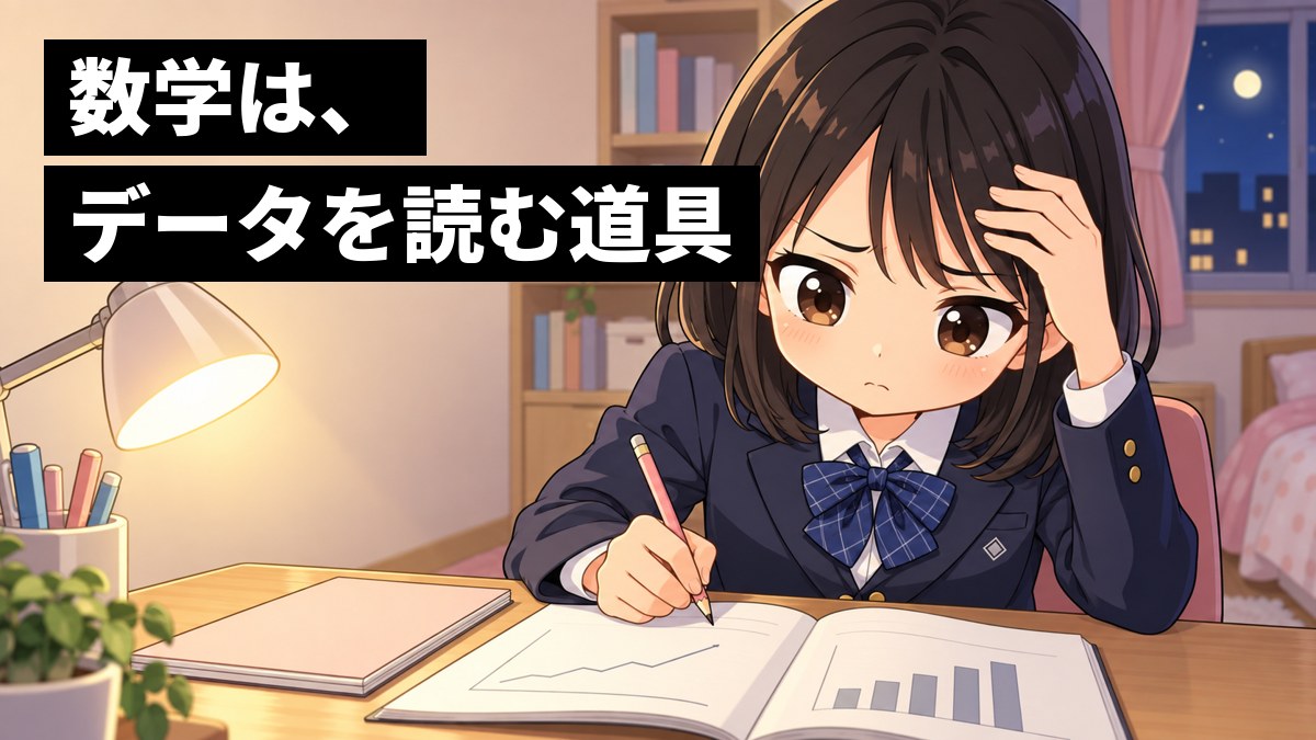 自分の部屋の机で、制服の女子中学生が、グラフの問題に頭を抱えかけながらも、鉛筆を止めずにノートに考えを書き続けている。「数学は、データを読む道具」の文字。
