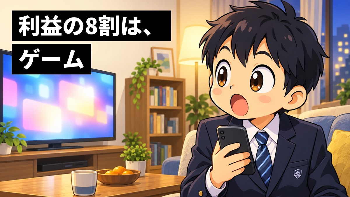 制服の男子中学生が、家のリビングのソファで、テレビとスマホのゲームを見比べ、意外な事実に口をあんぐり開けて驚いている。「利益の8割は、ゲーム」の文字。