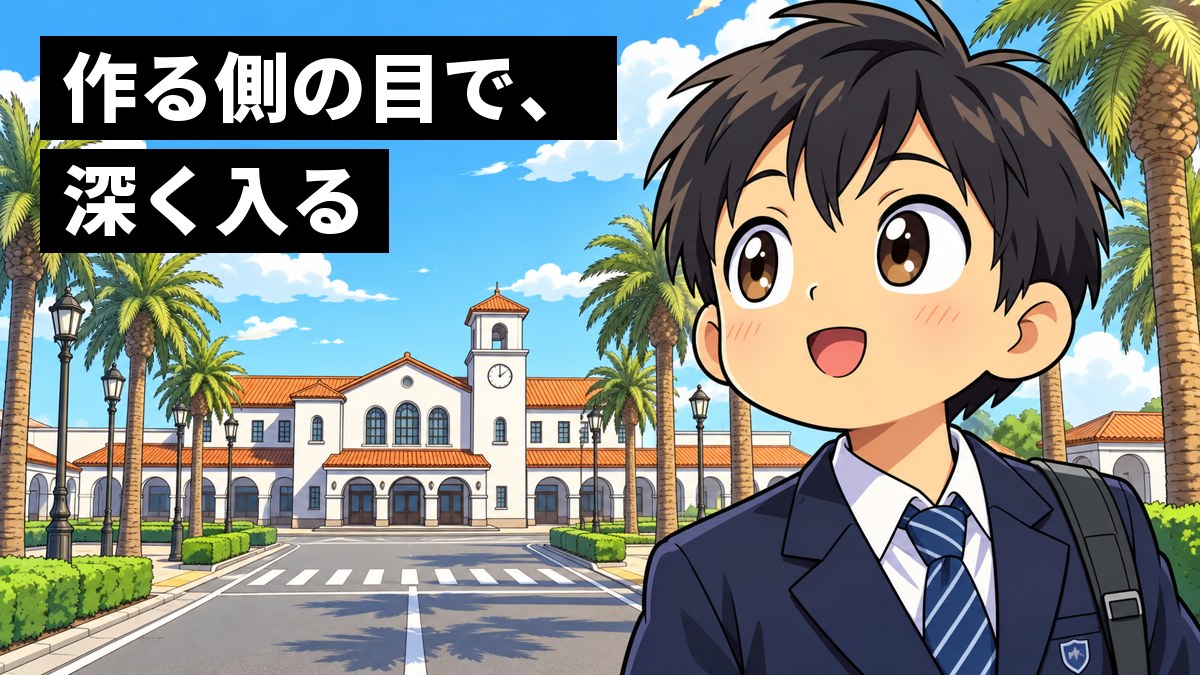 館山駅の前で、制服の男子中学生が、まだ見ぬ未来にワクワクしながら遠くを見つめている。「作る側の目で、深く入る」の文字。