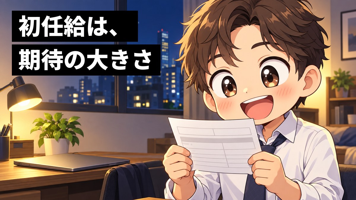 一人暮らしの部屋の机で、新社会人の男性が初めての給与明細を両手で持ち、うれしさに思わず笑顔になっている。窓の外は夜の街。「初任給は、期待の大きさ」の文字。