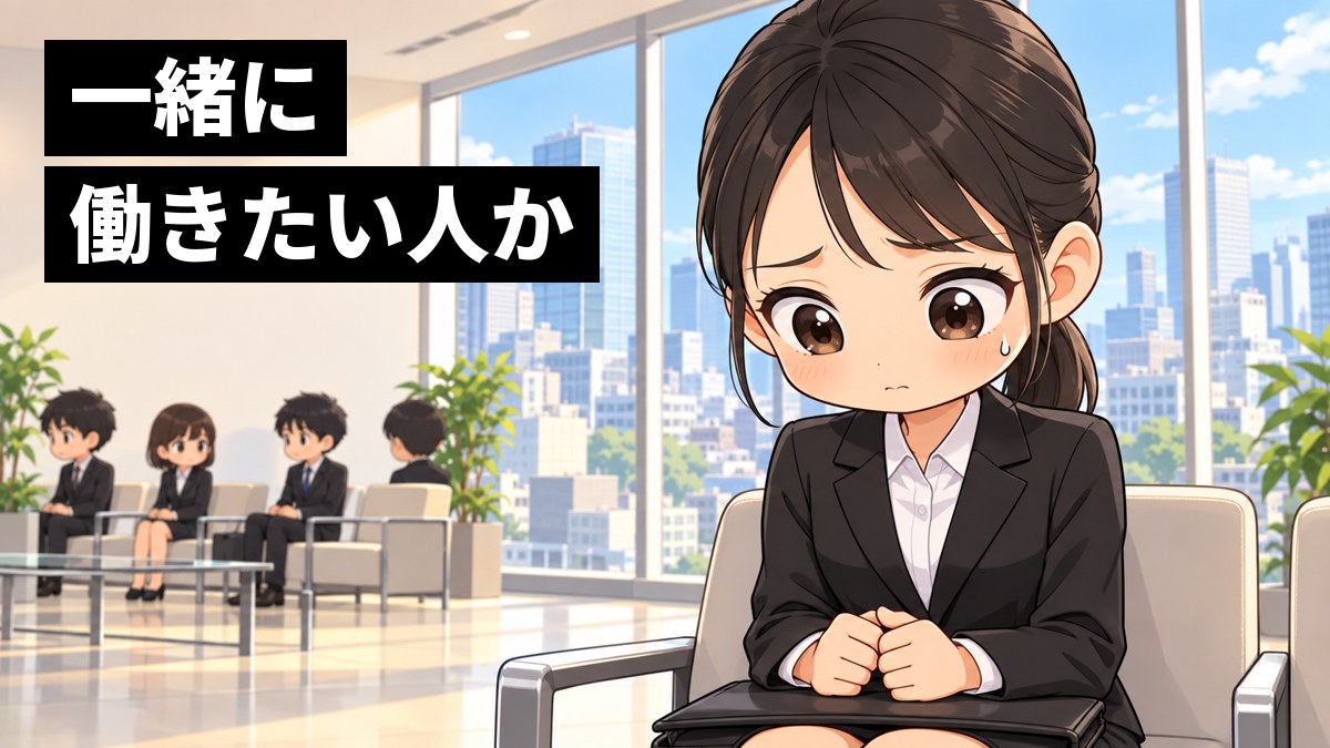 会社の待合スペースで、就活スーツの女子大学生が面接の順番を待ちながら、緊張で汗をかき、不安そうに手を握りしめている。奥には順番を待つほかの学生たち。「一緒に働きたい人か」の文字。