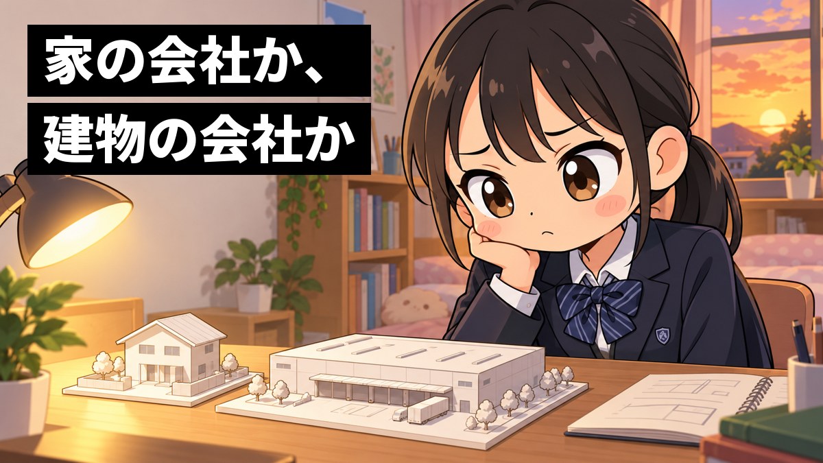 夕方の自分の部屋の机で、制服の女子中学生が、小さな家の模型と大きな倉庫の模型を見比べ、眉を下げて首をかしげ、困った顔をしている。「家の会社か、建物の会社か」の文字。