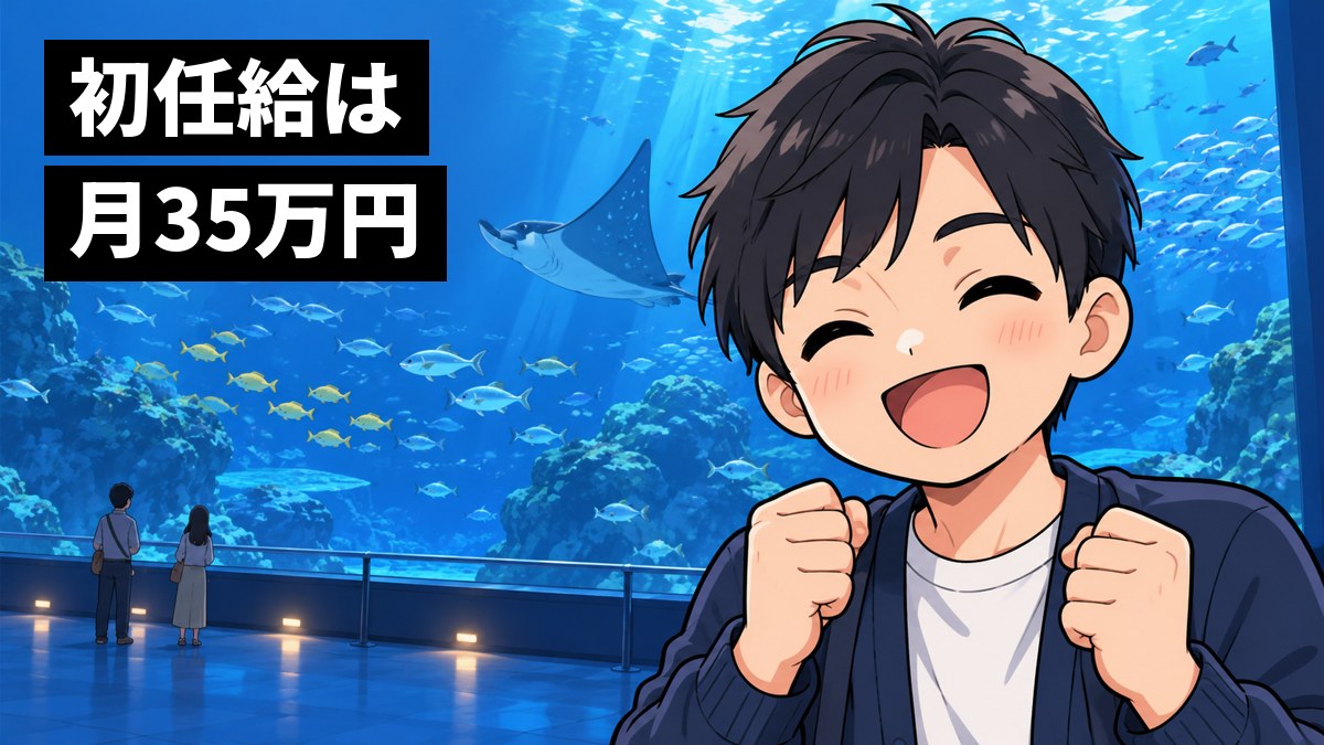 平日の空いた水族館の大きな水槽の前で、私服の若い男性の社員が、両手を握って満面の笑顔を見せている。「初任給は月35万円」の文字。