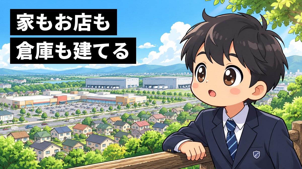 晴れた午後の高台で、制服の男子中学生が、一戸建ての家・道路沿いのお店・大きな倉庫が並ぶ町を見下ろし、目を見開いて夢中で見入っている。「家もお店も倉庫も建てる」の文字。