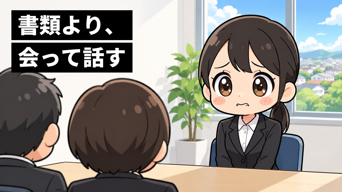 明るい会社の面接の部屋で、黒い就活スーツの女子大学生が、緊張で肩をすくめ、唇をかんで不安そうに前を見つめている。手前に面接官の後ろ姿。「書類より、会って話す」の文字。