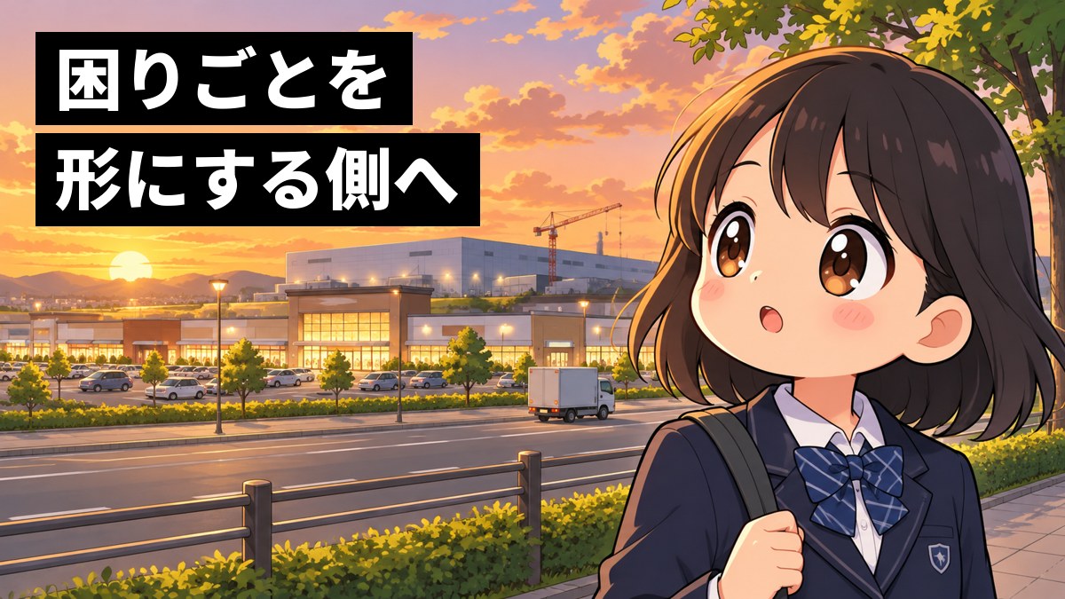 夕方の帰り道で、制服の女子中学生が、道路沿いの大きなお店と遠くの倉庫を見上げ、何かを思いついたように目を輝かせている。「困りごとを形にする側へ」の文字。