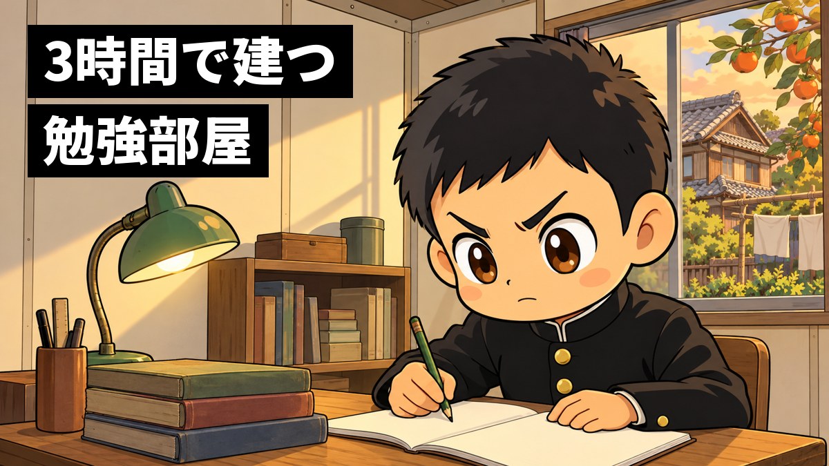 昭和30年代の家の庭に建つ、小さな平屋のプレハブの勉強部屋の中で、学生服の男子中学生が、眉を寄せて鉛筆を握りしめ、机の上の問題をにらんでいる。窓の外には古い木造の家。「3時間で建つ勉強部屋」の文字。