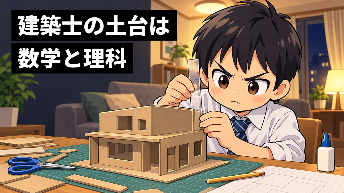 夜のリビングのテーブルで、制服の男子中学生が、段ボールで作りかけの建物の模型に定規を当て、眉を寄せて口を固く結び、寸法をにらんでいる。「建築士の土台は数学と理科」の文字。