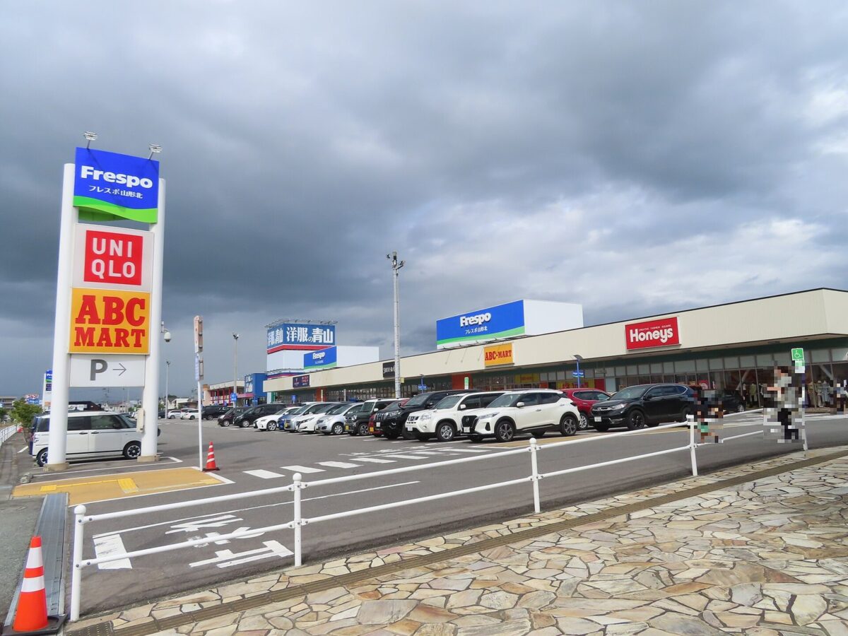 曇り空の下、広い駐車場の奥に、いくつものお店が横に並ぶ道路沿いのショッピングセンター。手前にお店の看板の柱がある