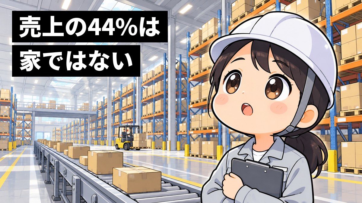 天井の高い巨大な物流倉庫の中で、作業着とヘルメットの若い女性の社員が、どこまでも続く棚と荷物の流れるコンベヤーを見上げ、口を開けて夢中で見入っている。「売上の44%は家ではない」の文字。