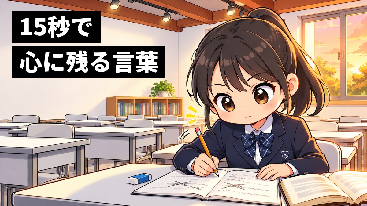 塾の教室で、制服の女子中学生が、ノートに言葉を書いては消しながら、ひらめいたように夢中でペンを走らせている。机には読みかけの本。「15秒で心に残る言葉」の文字。