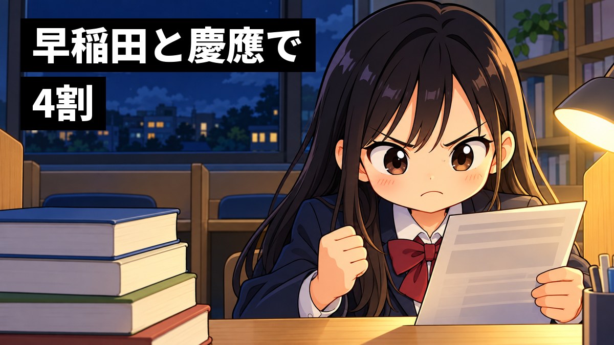 夜の自習室で、制服の女子高校生が模試の結果の紙を見て、くやしそうに口をへの字にしてこぶしを握っている。机には分厚い参考書。「早稲田と慶應で4割」の文字。