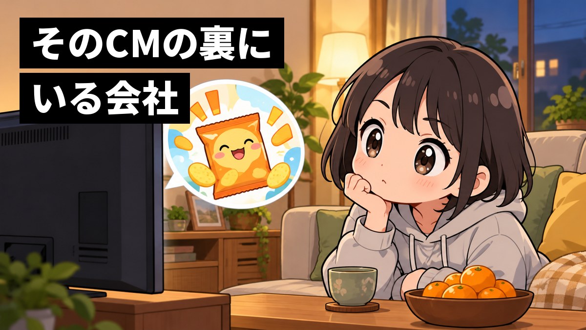 夜のリビングで、部屋着の女子中学生がソファからテレビのCMを見て、首をかしげて興味しんしんにのぞきこんでいる。「そのCMの裏にいる会社」の文字。