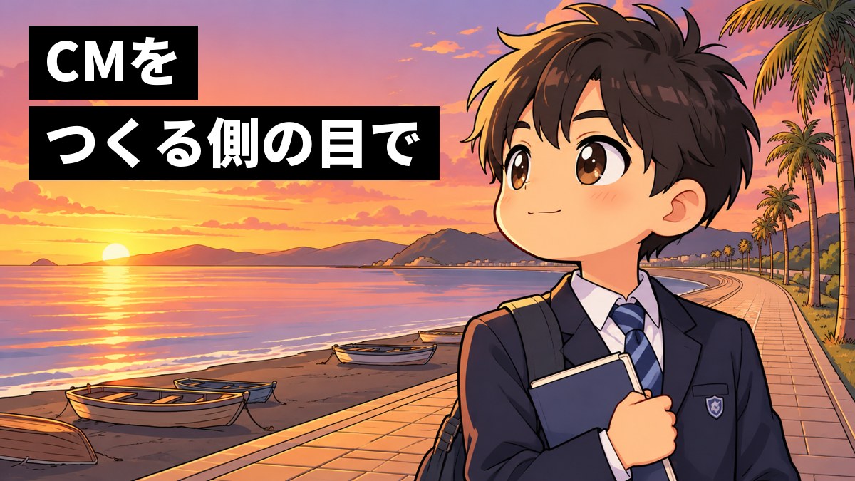 夕方の海辺の遊歩道で、制服の男子中学生が、ノートを胸に抱え、口を結んで静かに誇らしげにうなずいている。「CMをつくる側の目で」の文字。