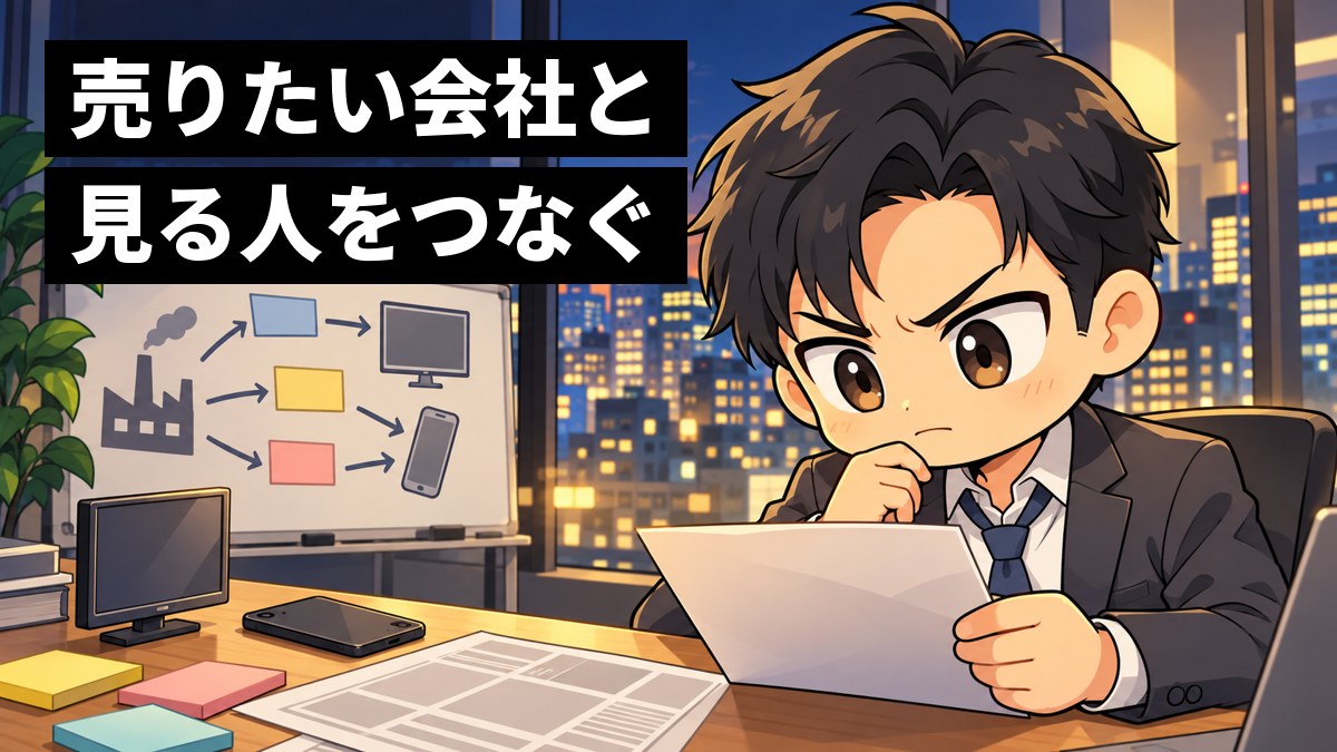 夜の会議室で、スーツの若い男性の社員が、テレビとスマホの絵がかかれた企画の紙をにらみ、眉間にしわを寄せて考え込んでいる。「売りたい会社と見る人をつなぐ」の文字。