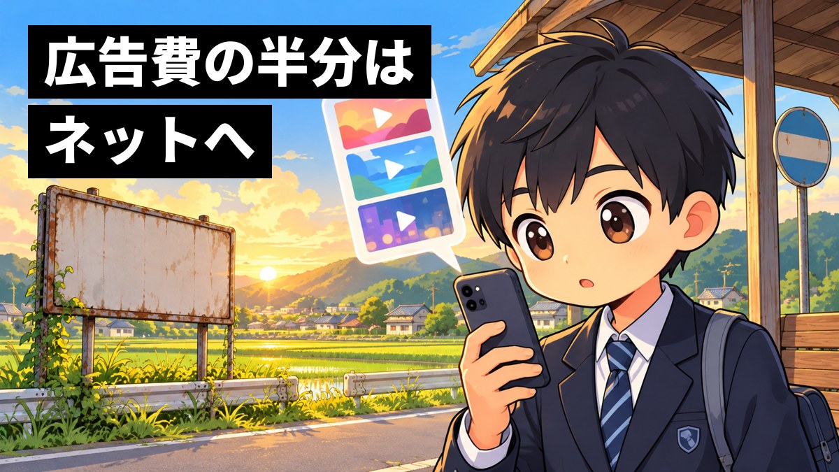 放課後のバス停で、制服の男子中学生がスマホの縦の動画に夢中になって見入っている。画面から出た吹き出しには、色とりどりの動画の形。「広告費の半分はネットへ」の文字。