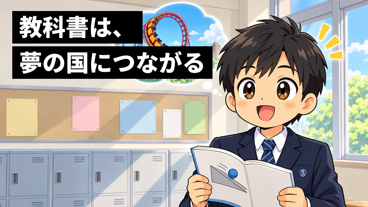 教室の後ろの席で、制服の男子中学生が理科の教科書の図を見ていて、ジェットコースターと同じだとひらめき、ぱっと笑顔になっている。頭の上の吹き出しにコースターの絵。「教科書は、夢の国につながる」の文字。