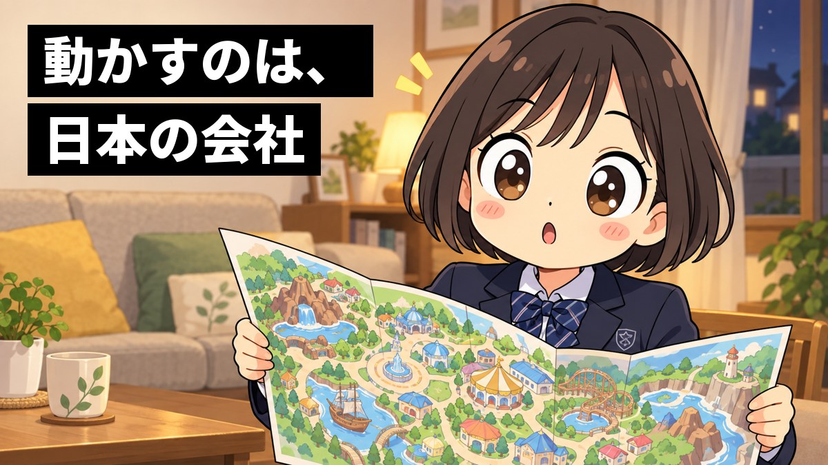 制服の女子中学生が、リビングのテーブルでテーマパークのガイドマップを広げ、意外な事実に気づいて目を丸くしている。「動かすのは、日本の会社」の文字。