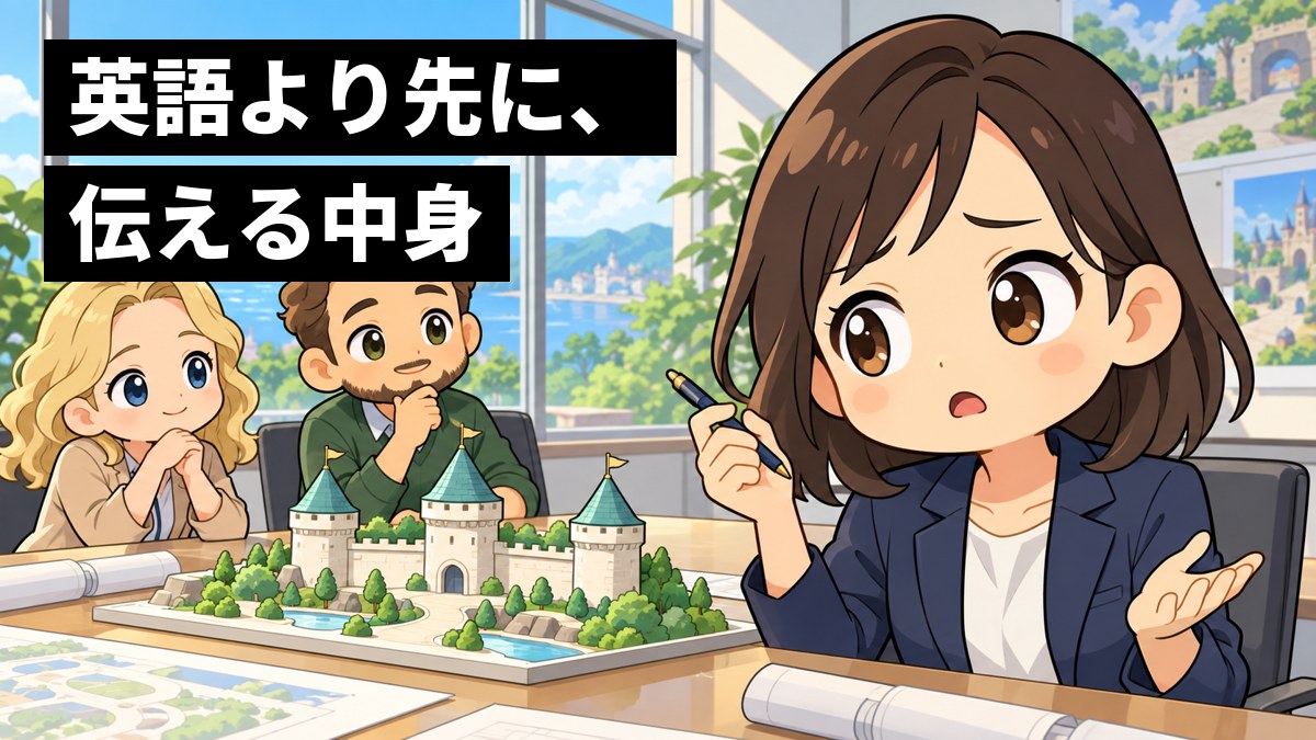 会議室で、スーツの若い日本人女性が、海外の設計者たちと架空のお城の模型を前に、言いたいことが英語で出てこず困って眉を下げている。「英語より先に、伝える中身」の文字。