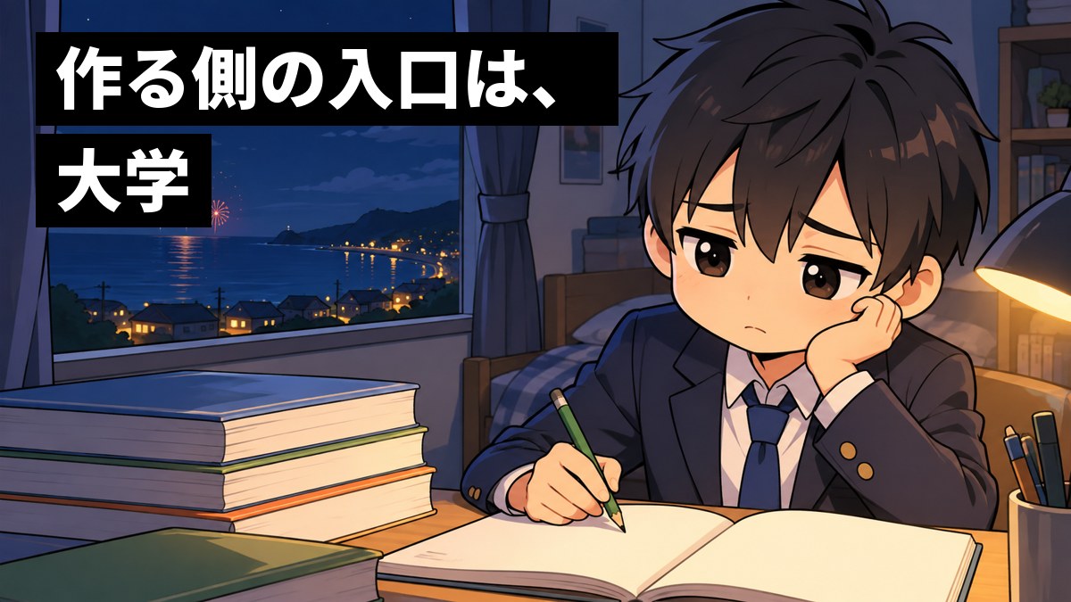 夜の自分の部屋で、ブレザーの男子高校生が机に向かい、疲れてしょんぼりしながらも問題集から目を離さずにいる。窓の外には小さく花火。「作る側の入口は、大学」の文字。