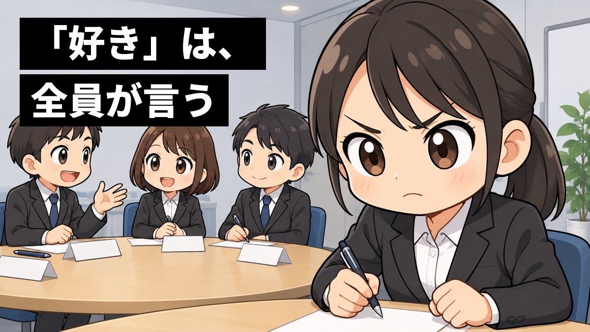 就職の選考のグループディスカッションで、リクルートスーツの女子大学生が、周りの学生の発言を聞きながら、負けたくなくてぐっと唇を結んでいる。「『好き』は、全員が言う」の文字。