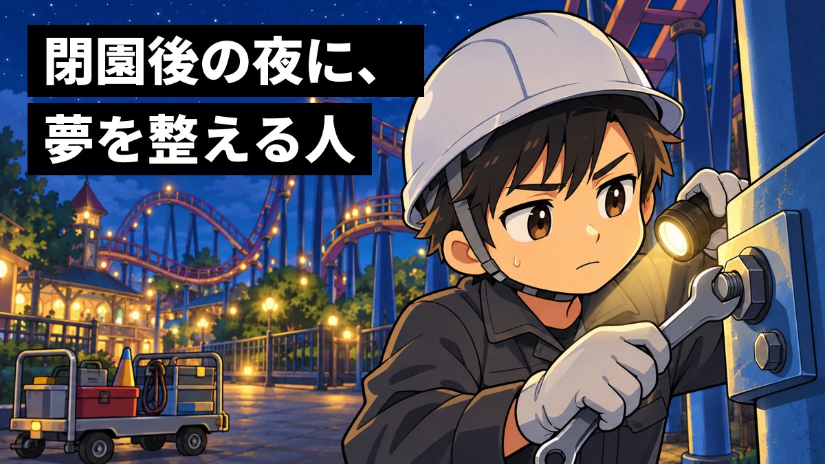 夜のテーマパークで、作業着とヘルメットの若い男性技術者が、懐中電灯でジェットコースターのレールのボルトを照らし、真剣な目で点検に没頭している。「閉園後の夜に、夢を整える人」の文字。