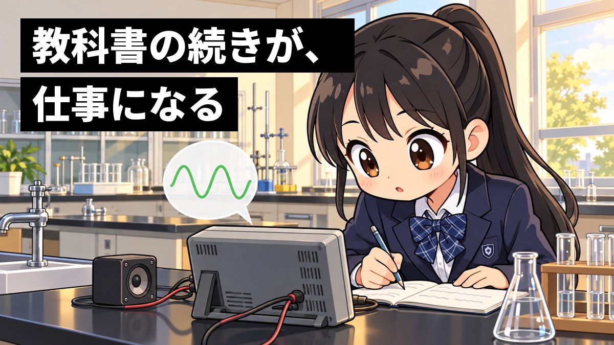 学校の理科室で、制服の女子中学生が、オシロスコープに映る波の形とノートを見比べ、時間を忘れて夢中でのめり込んでいる。「教科書の続きが、仕事になる」の文字。