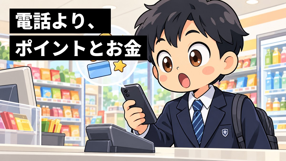 コンビニのレジの前で、制服の男子中学生がスマホで支払いをし、スマホから浮かぶコインと星のポイントの吹き出しを見て、口をあんぐり開けて驚いている。「電話より、ポイントとお金」の文字。