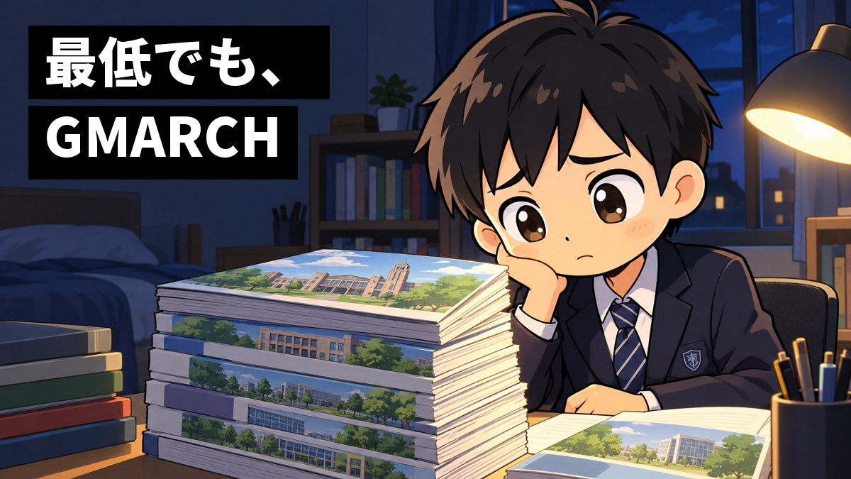 夜の自分の部屋の机で、制服の男子中学生が、表紙に校舎の絵が描かれた大学のパンフレットの山を前に、眉を下げて肩を落とし、不安そうに見つめている。「最低でも、GMARCH」の文字。