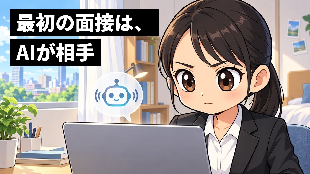 自分の部屋の机で、就活のスーツを着た女子大学生が、ノートパソコンに向かってAIとの面接を受け、眉を寄せて唇を結び、真剣なまなざしで答えている。「最初の面接は、AIが相手」の文字。