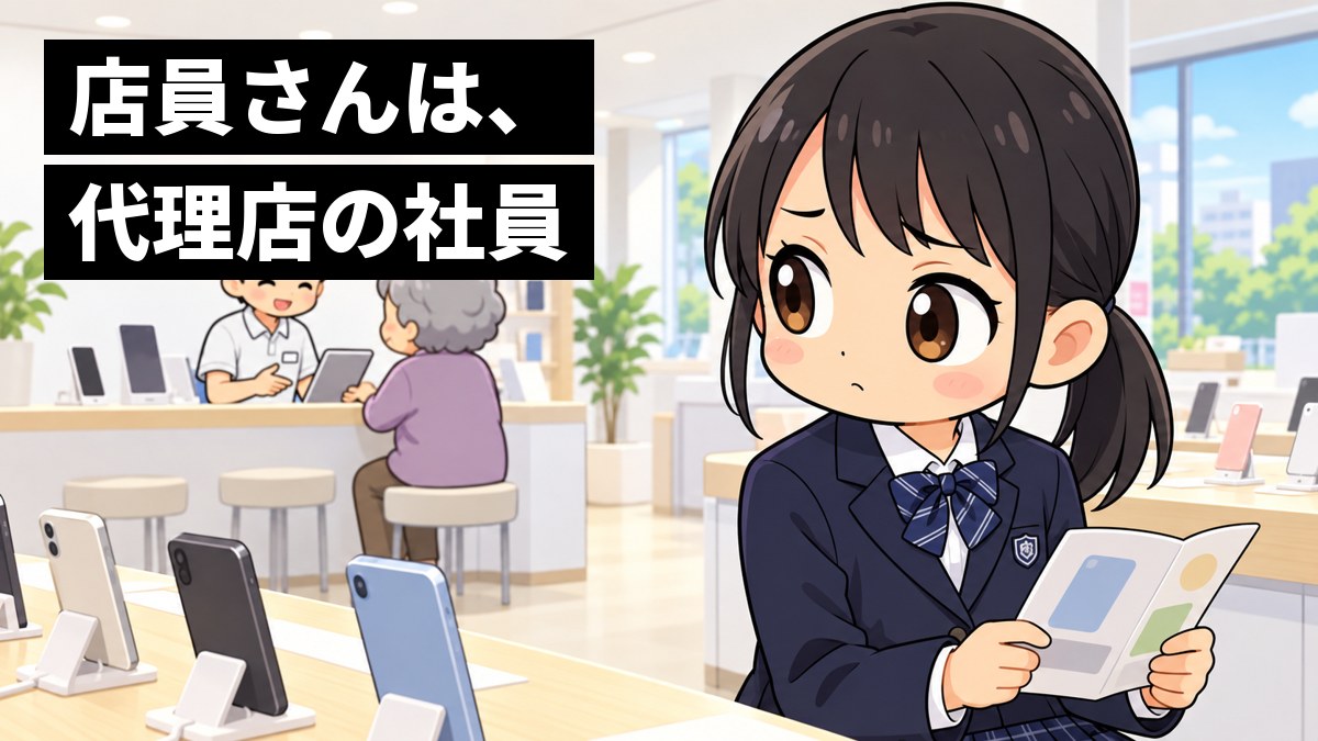 スマホのお店の中で、制服の女子中学生が、奥のカウンターでお客さんの相談にのる店員さんを振り返り、眉を下げて首をかしげて考え込んでいる。「店員さんは、代理店の社員」の文字。