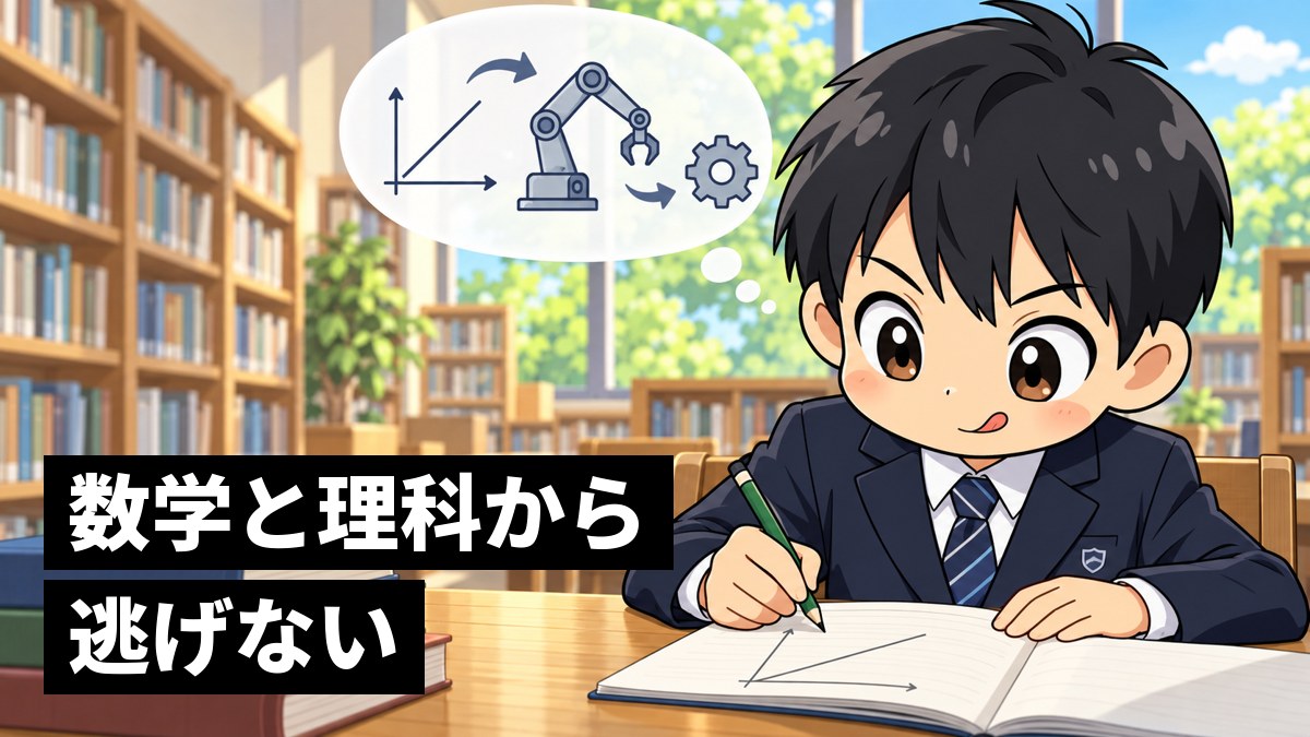 町の図書館の机で、制服の男子中学生がノートに直線のグラフを描きながら夢中で考えている。頭の上には、グラフと小さなロボットアームと歯車がつながった吹き出し。「数学と理科から、逃げない」の文字。