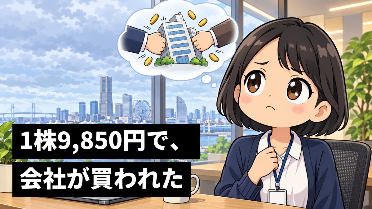 オフィスの窓ぎわで、スーツの若い女性社員が、2つの大きな手が会社のビルを両側から引っぱり合う吹き出しを見上げて、不安そうに眉を寄せている。「1株9,850円で、会社が買われた」の文字。