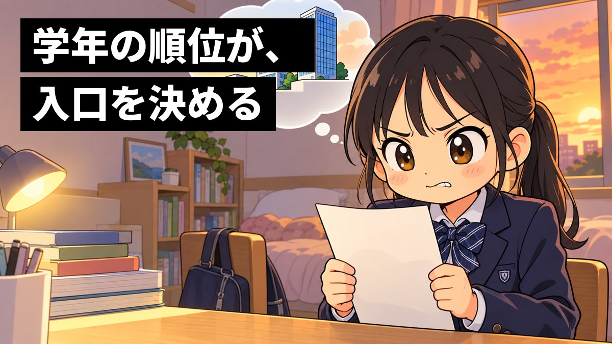 夕方の家の勉強机で、制服の女子中学生が定期テストの順位の紙を握りしめ、悔しそうに唇をかんでいる。頭の上には高さの違う3つの建物と階段の吹き出し。「学年の順位が、入口の高さを決める」の文字。