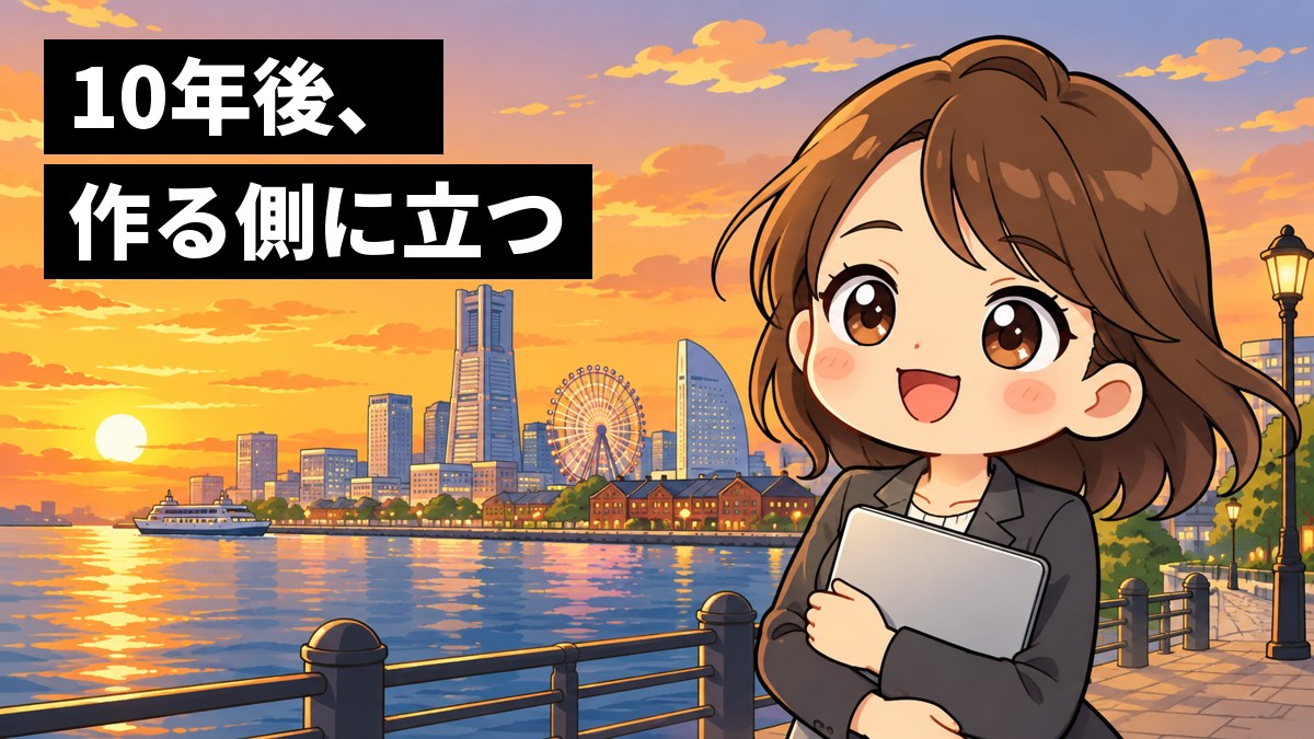 夕暮れの横浜の港のプロムナードで、スーツの若い女性エンジニアが閉じたノートパソコンを胸に抱え、やり切った笑顔を見せている。後ろには観覧車と海。「10年後、作る側に立つ」の文字。