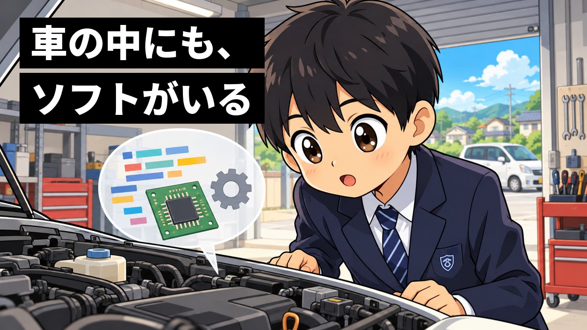 車の整備工場で、制服の男子中学生が開いたボンネットの中をのぞきこみ、エンジンから浮かぶ小さな部品とプログラムの形の吹き出しを見て、夢中で目を輝かせている。「車の中にも、ソフトがいる」の文字。