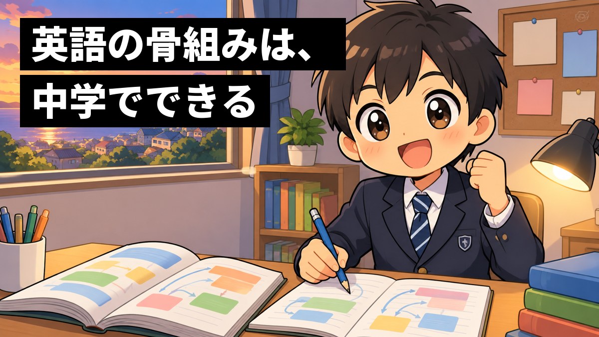 夕方の自分の部屋の机で、紺のブレザーの制服の男子中学生が、英語の教科書とノートを前に、文の組み立てが分かってうれしそうに笑っている。「英語の骨組みは、中学でできる」の文字。