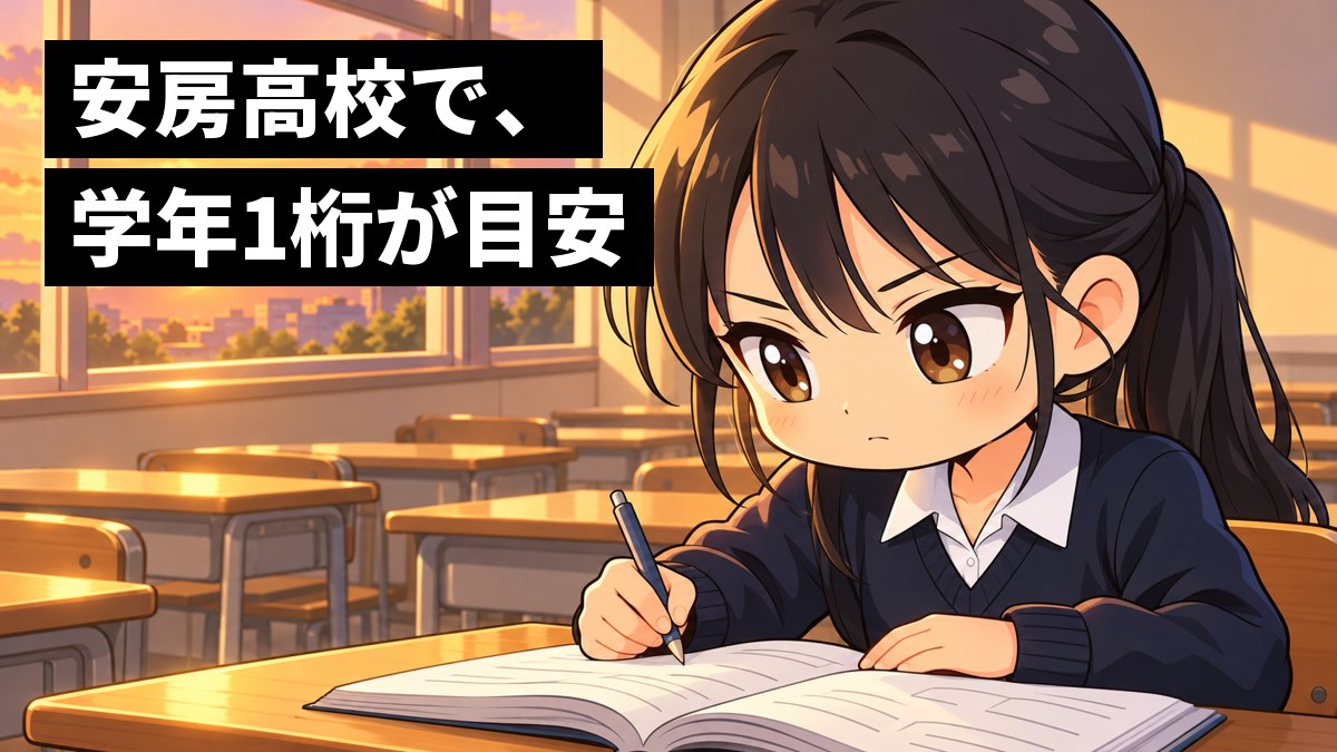 放課後の高校の教室で、紺のセーターに白い襟の制服の女子高校生が、分厚い問題集を開いて、静かに燃えるような決意の目でペンを握っている。「安房高校で、学年1桁が目安」の文字。