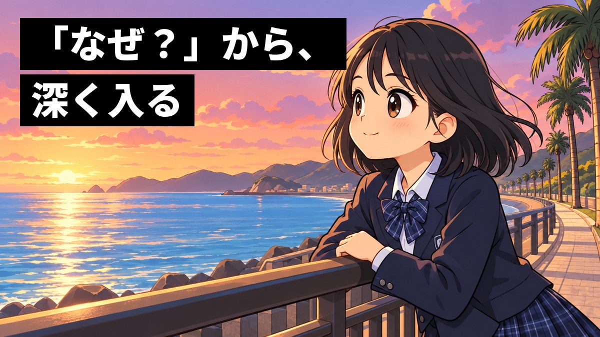 館山の北条海岸の遊歩道で、紺のブレザーの制服の女子中学生が、手すりにもたれて海の向こうを見つめ、ワクワクした顔をしている。「『なぜ?』から、深く入る」の文字。