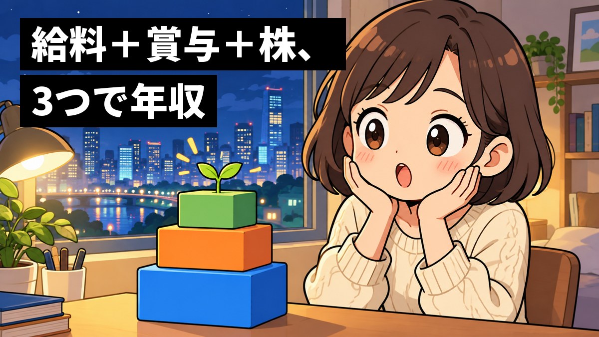 自分の部屋の机の上に、色のちがう3段の大きな積み木が積まれていて、若い女性の社員が驚いて目をまるくしている。いちばん上の積み木からは小さな芽が伸びている。「給料+賞与+株、3つで年収」の文字。