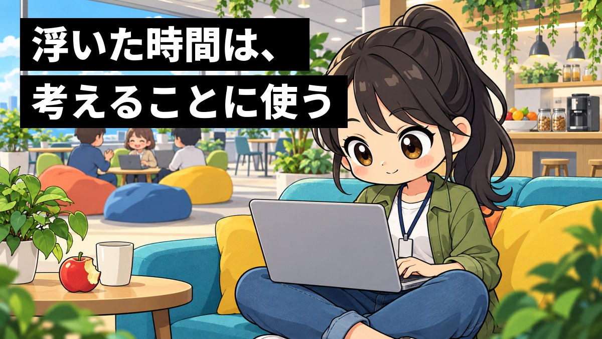 カラフルなソファと植物のある休憩スペースで、若い女性エンジニアがノートパソコンに夢中で向かっている。横の台には果物と飲み物が置かれている。「浮いた時間は、考えることに使う」の文字。