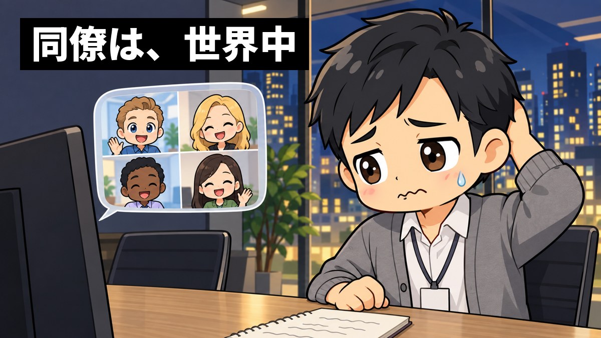 会議室の大きな画面に、国籍のちがう同僚たちが映るオンライン会議。手前の若い日本人の社員が、言いたいことが英語で出てこず、しょんぼりしている。「同僚は、世界中」の文字。