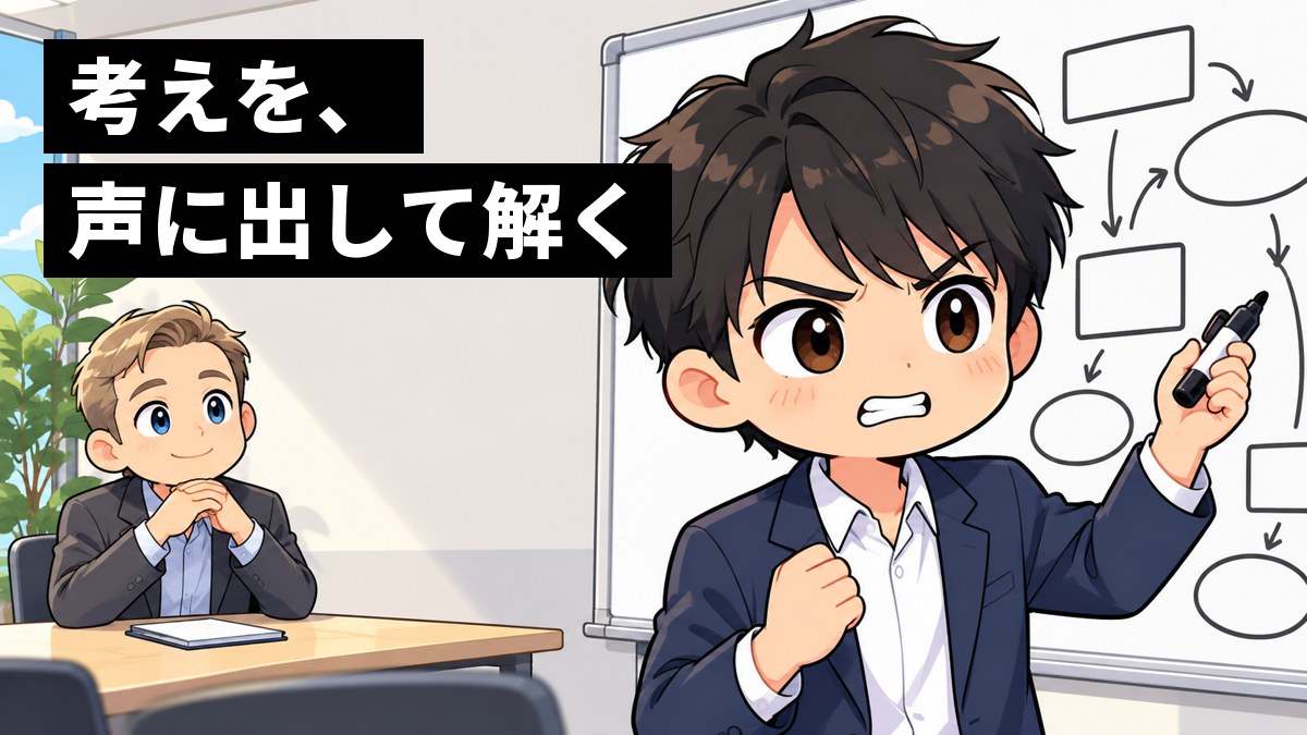 面接の部屋のホワイトボードの前で、大学生がマーカーを持ち、難しい問題に眉をひそめて考え抜いている。奥の机には面接官が座っている。「考えを、声に出して解く」の文字。