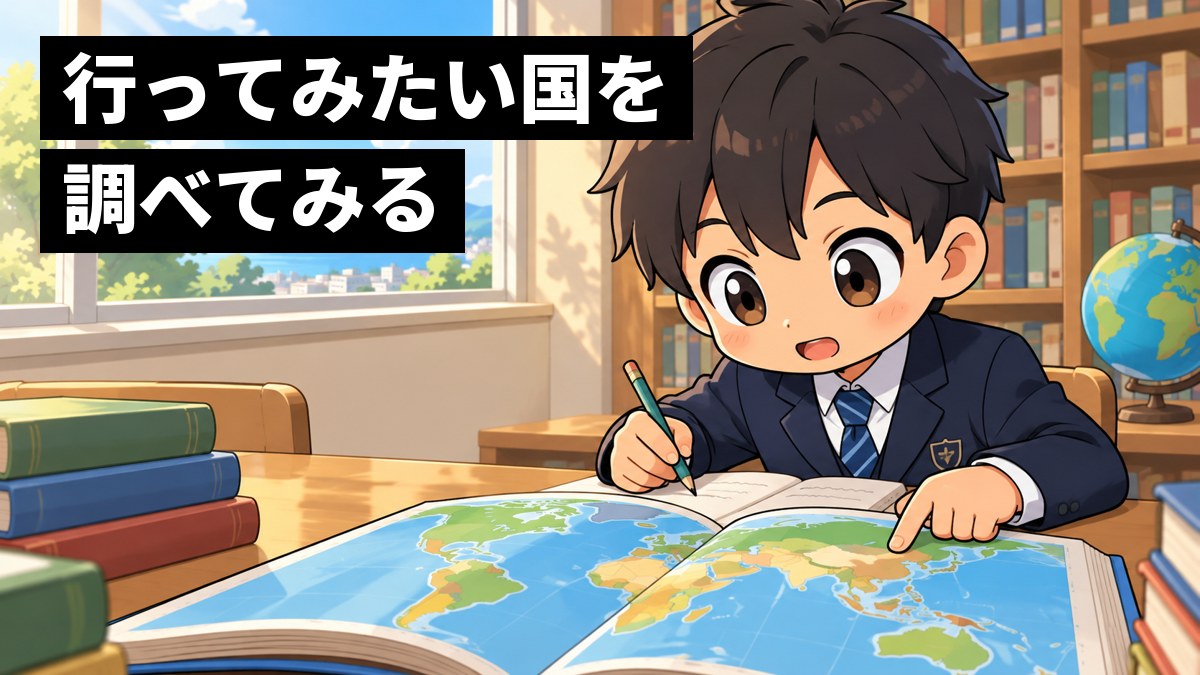 学校の図書室の窓際で、制服の男子中学生が大きな地図帳を広げ、指で国をたどりながら夢中でノートにメモしている。「行ってみたい国を調べてみる」の文字。