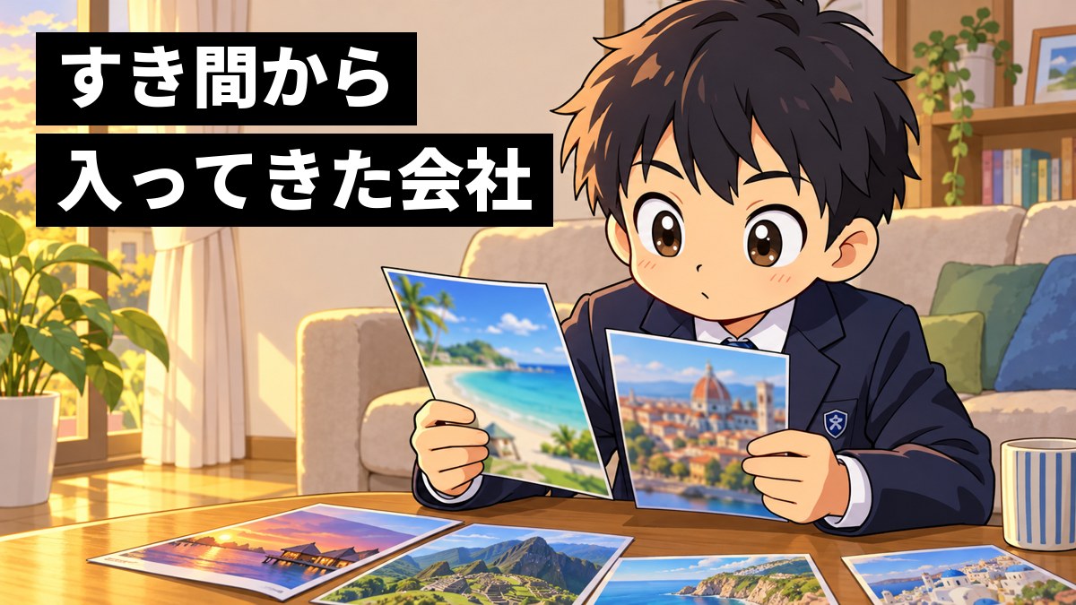 家のリビングのテーブルで、制服の男子中学生が2冊の旅行のパンフレットを両手に持って見比べ、身を乗り出して夢中になっている。「すき間から入ってきた会社」の文字。