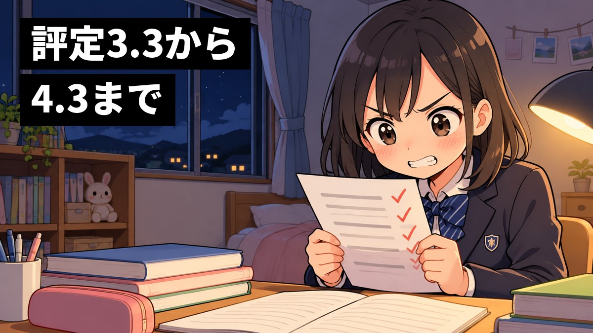夜の自分の部屋の机で、制服の女子生徒が返ってきたテストの答案を両手で持ち、悔しそうに歯を食いしばって見つめている。「評定3.3から4.3まで」の文字。