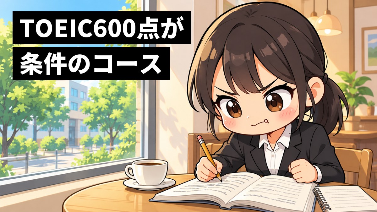 カフェの窓際の席で、就職活動中のスーツの女子大学生が英語の問題集とノートを前に、解けなかった問題をにらんで悔しそうに唇をかんでいる。「TOEIC 600点が条件のコース」の文字。