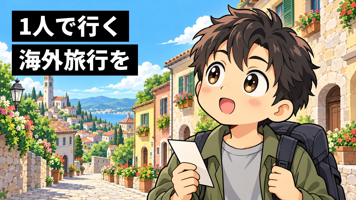 ヨーロッパの石畳の古い街並みで、大きなリュックを背負った若い男性の旅人が、紙の航空券を手に、建物を見上げて目を丸くしている。「1人で行く海外旅行を」の文字。