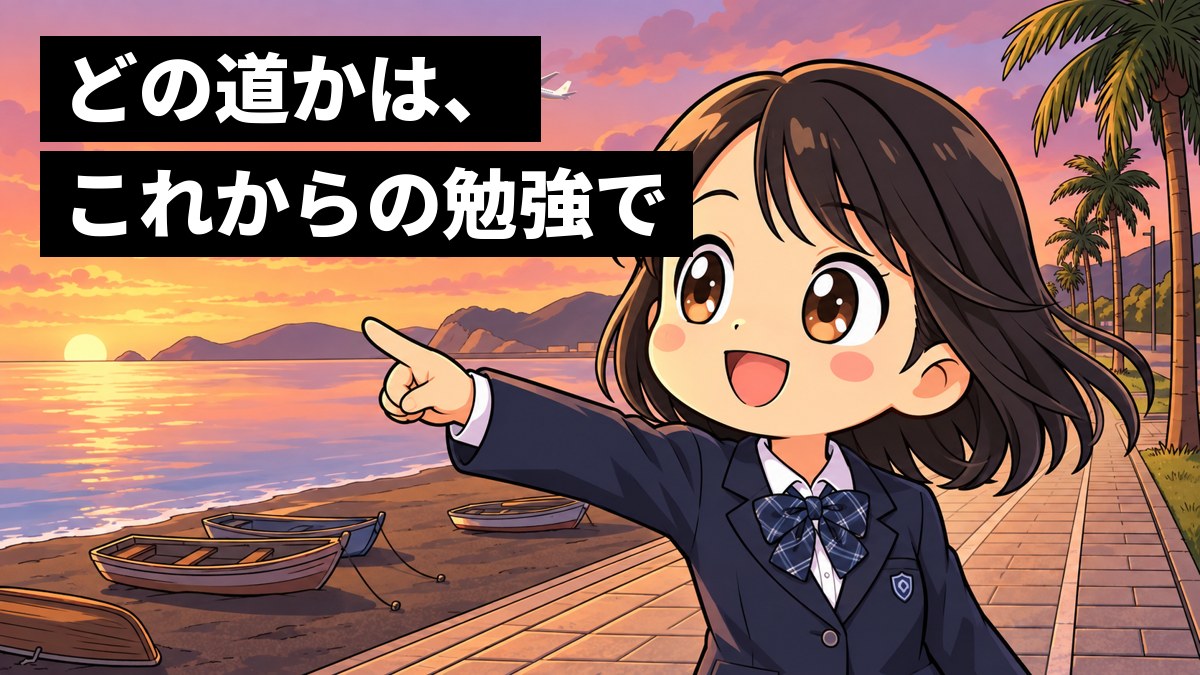 夕方の館山の海辺の遊歩道で、制服の女子中学生が海の向こうを指さし、にっこり笑っている。空には小さな飛行機。「どの道かは、これからの勉強で」の文字。
