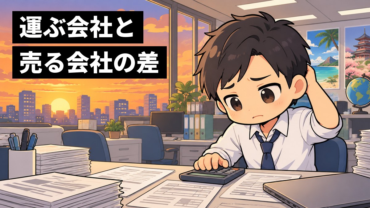 夕方の事務所の机で、ワイシャツの若い男性の社員が、数字の並んだ紙と電卓を前に、眉を下げて困ったように考え込んでいる。窓の外には飛行機。「運ぶ会社と売る会社の差」の文字。